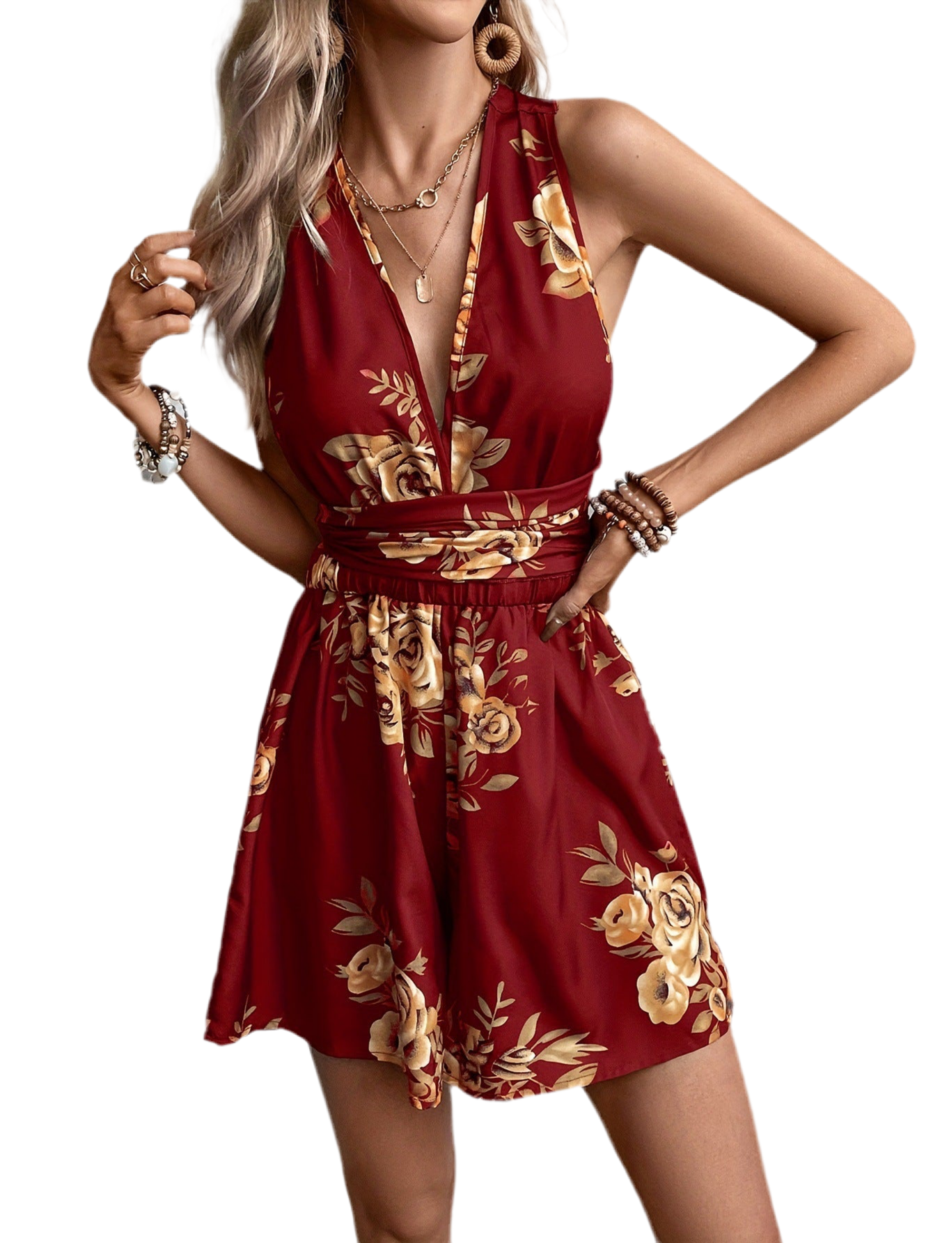 Women's Sexy V-Neck Sleeveless Multicolor Printed Jumpsuit