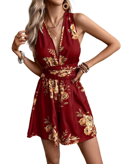 Women's Sexy V-Neck Sleeveless Multicolor Printed Jumpsuit